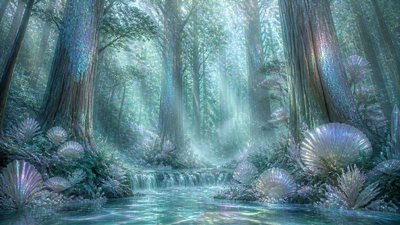 a panoramic redwood forest with light rays through mist, no people