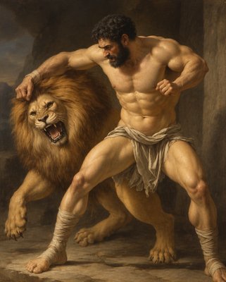 a painting of a man standing next to a lion