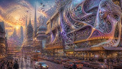 bustling city street panorama at dusk