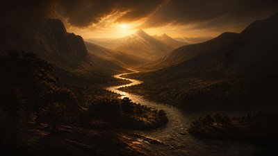 a vast valley with a river winding toward distant mountains at sunrise, no people, no text