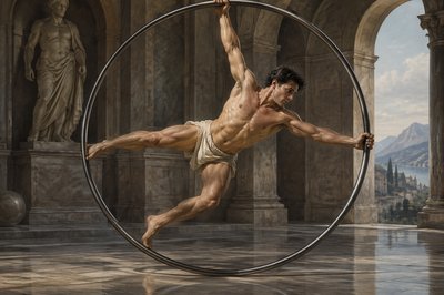 athletic acrobat wearing loin cloth turns his cyr wheel