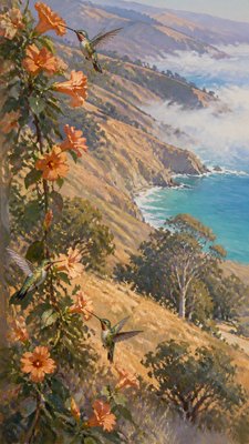a climbing vine of flowers and hummingbirds on a dark background, tall wrapping composition, no text
