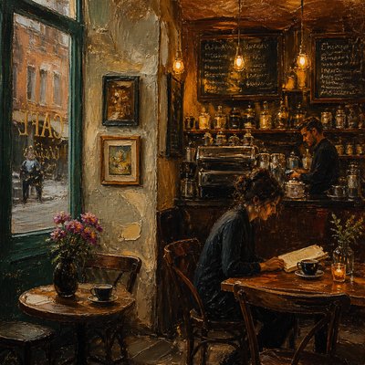 cozy cafe interior with warm lighting