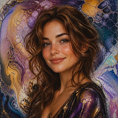 head-and-shoulders portrait of an original character: a young woman with wavy chestnut hair and a warm smile, plain soft backdrop