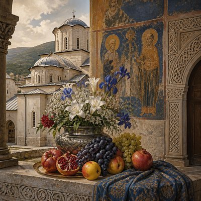 still life arrangement of fruits and flowers