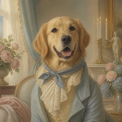 portrait of a golden retriever wearing a blue bandana, warm plain backdrop, no text