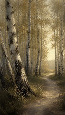 a serene birch forest in soft morning light, no people, no text