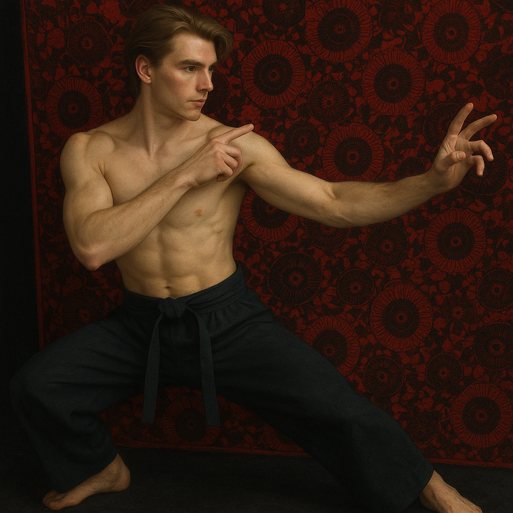 a man in black pants standing in front of a red wall