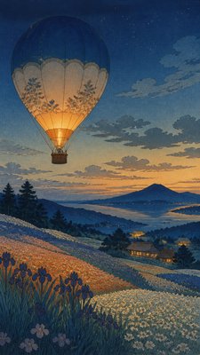 a hot air balloon drifting over rolling flower fields on a sunny day, cheerful, no text
