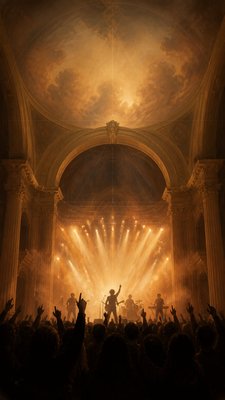 a live music scene with a glowing stage and silhouetted crowd, energetic vertical composition with open space at the top, no text