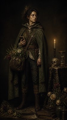 full-body original character: a wandering botanist with a satchel of plants, a patched green cloak, tall boots and round glasses, neutral background