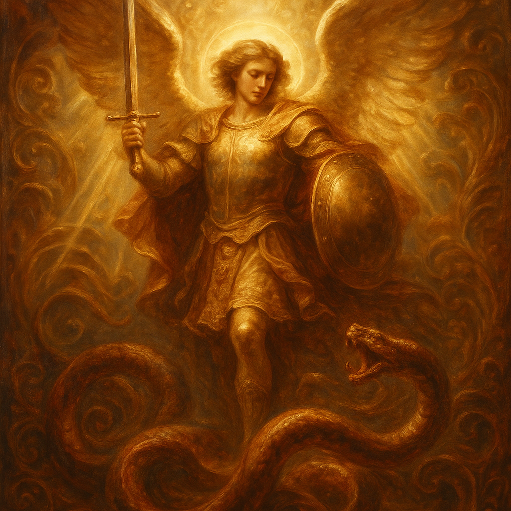 An Angel of God standing with full armor, sword, and shield, with massive wings, in front of a great serpent 
