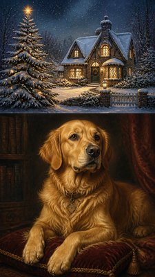 a snow-covered cottage with warm glowing windows beside a decorated pine tree, gentle snowfall, no text
