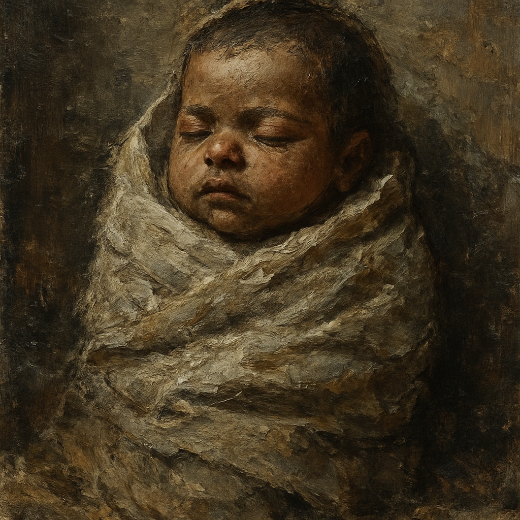 olive skinned Baby in swaddling cloths
