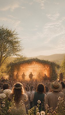 a live music scene with a glowing stage and silhouetted crowd, energetic vertical composition with open space at the top, no text