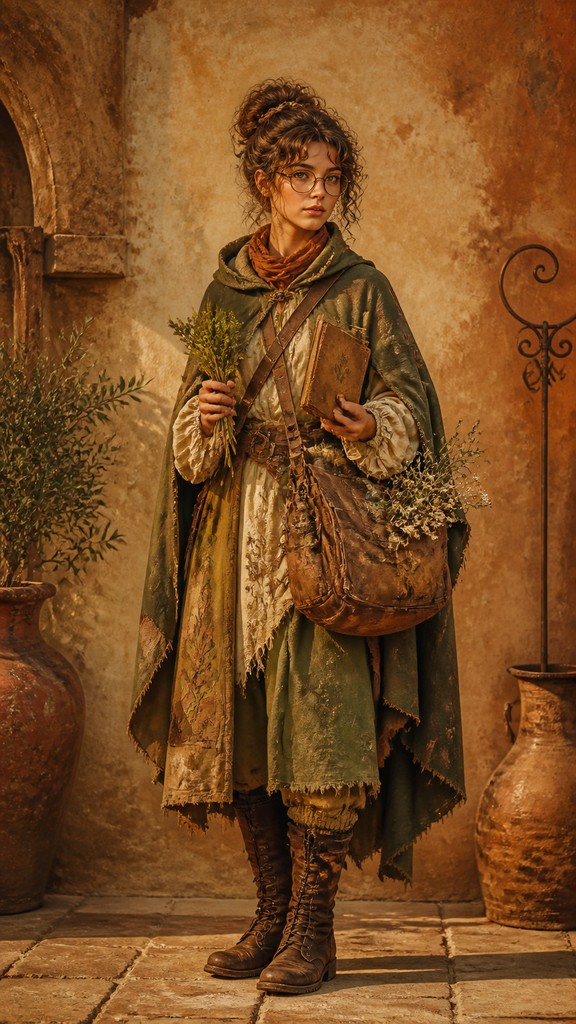 full-body original character: a wandering botanist with a satchel of plants, a patched green cloak, tall boots and round glasses, neutral background