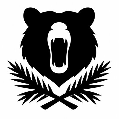 a roaring bear head above crossed pine branches, bold graphic composition on a plain background, no text
