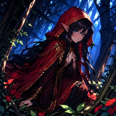 Beautiful elf girl black hair in the middle of the woods, making sure she’s not being watched. She has a red hood on with a gorgeous gown. She has blue eyes. Her age is 16