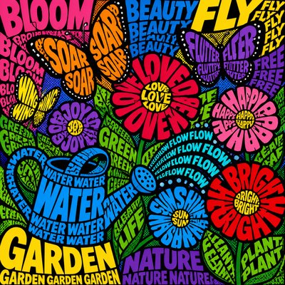 a garden scene with butterflies, flowers and a watering can, clean uncolored line art, no text