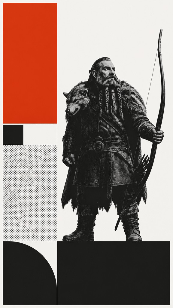 full-body original character: a dwarven ranger with a braided auburn beard, worn leather armor, a longbow and a wolf-pelt cloak, neutral background, no text