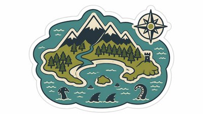 a map of an island realm with mountains, forests, a sheltered bay, sea monsters in the water and a compass rose, no text labels