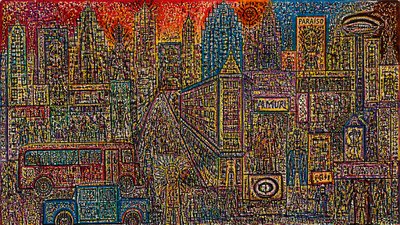 bustling city street panorama at dusk