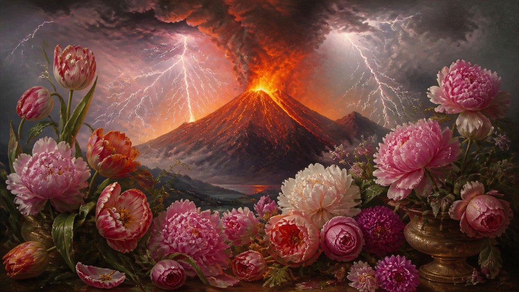 an erupting volcano with lightning strikes, dramatic wide composition, no text