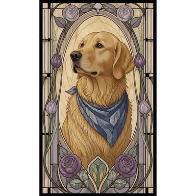 portrait of a golden retriever wearing a blue bandana, warm plain backdrop, no text