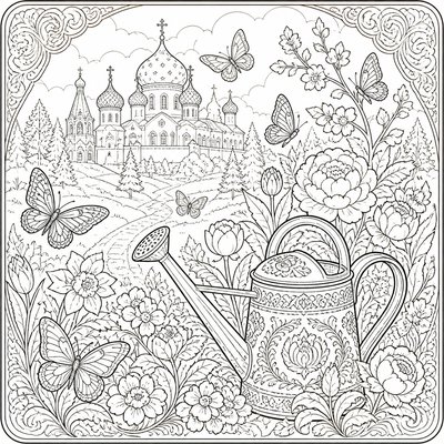 a garden scene with butterflies, flowers and a watering can, clean uncolored line art, no text