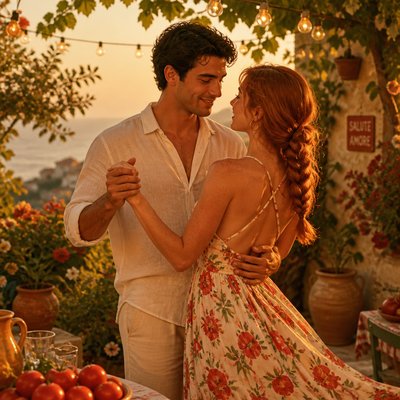 an original couple dancing under string lights in a garden at dusk: a man with short black hair in a linen shirt and a woman with braided red hair in a summer dress