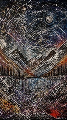 a tranquil mountain lake beneath a starry night sky, no people, no text