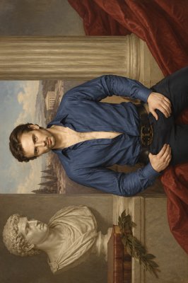 a painting of a man standing next to a statue