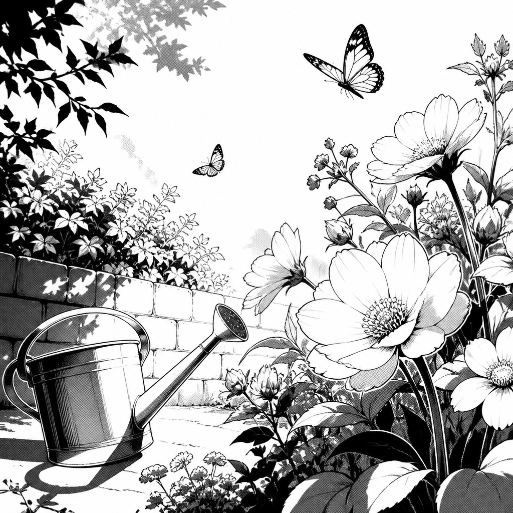 a garden scene with butterflies, flowers and a watering can, clean uncolored line art, no text