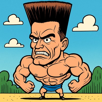 Arnold Schwarzenegger, extreme caricature, enormously tall crew cut hair, massive muscles, tiny lower body, exaggerated robotic expression, big head on tiny body, thick crisp black outlines, vibrant saturated colors, clean comic illustration style