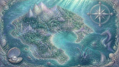a map of an island realm with mountains, forests, a sheltered bay, sea monsters in the water and a compass rose, no text labels