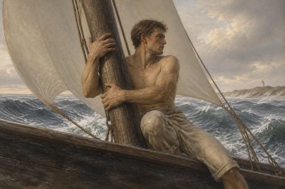 a painting of a man sitting on top of a boat