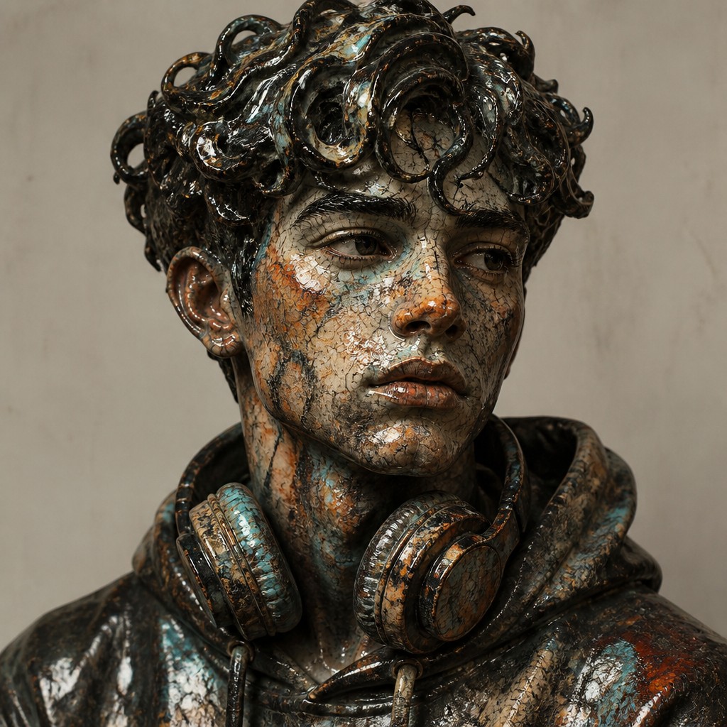 head-and-shoulders portrait of an original character: a young man with curly dark hair and headphones around his neck, plain backdrop, no text