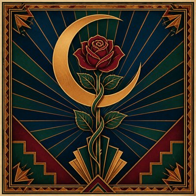 a rose entwined with a crescent moon, clean balanced composition on a plain background, no text