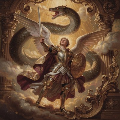 An Angel of God standing with full armor, sword, and shield, with massive wings, in front of a great serpent