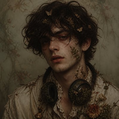 head-and-shoulders portrait of an original character: a young man with curly dark hair and headphones around his neck, plain backdrop, no text