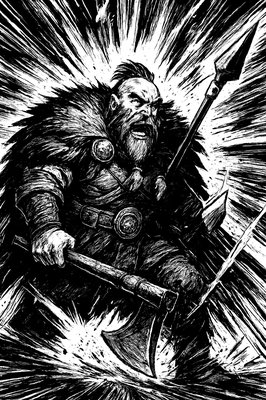 a black and white drawing of a man with a hammer