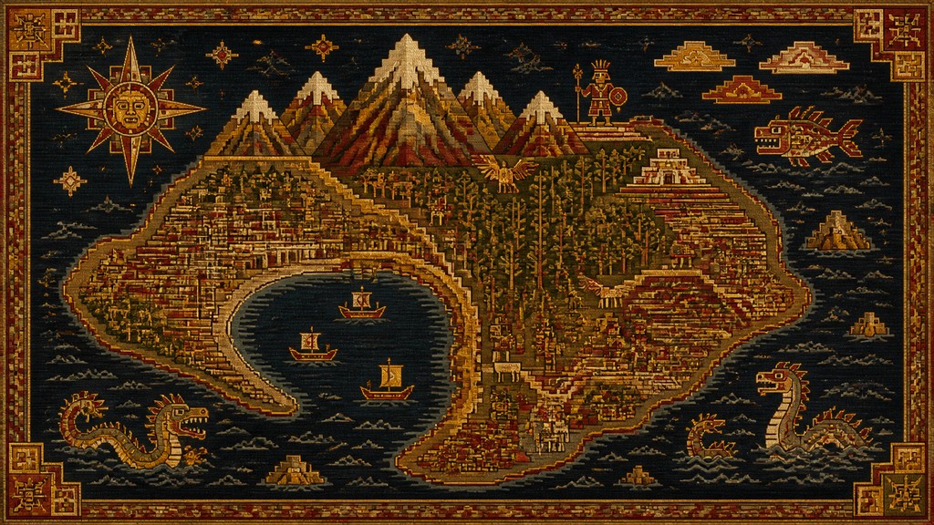 a map of an island realm with mountains, forests, a sheltered bay, sea monsters in the water and a compass rose, no text labels