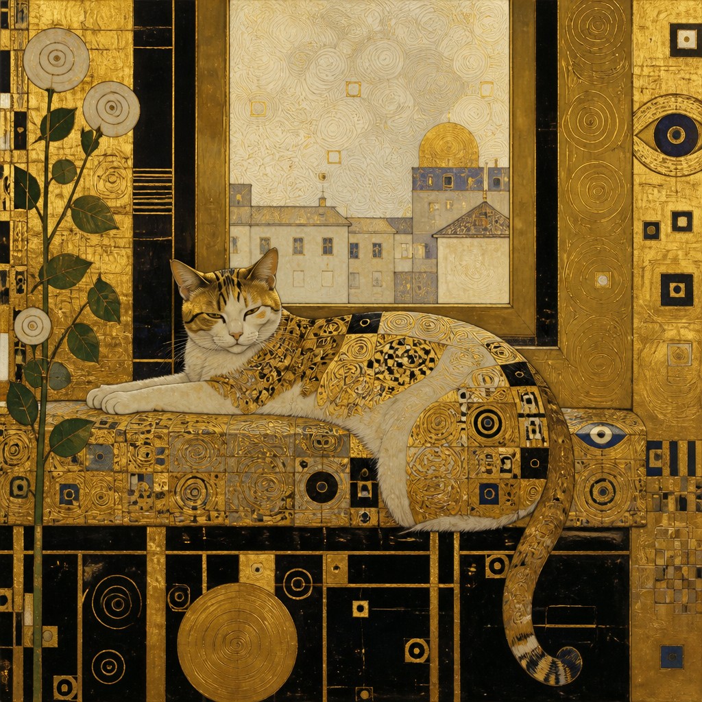 a cat lounging in a sunlit window — Vienna Secession Art Style