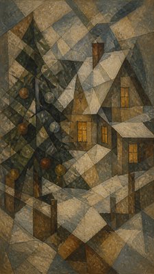a snow-covered cottage with warm glowing windows beside a decorated pine tree, gentle snowfall, no text