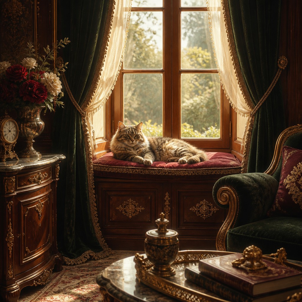 a cat lounging in a sunlit window