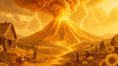 an erupting volcano with lightning strikes, dramatic wide composition, no text
