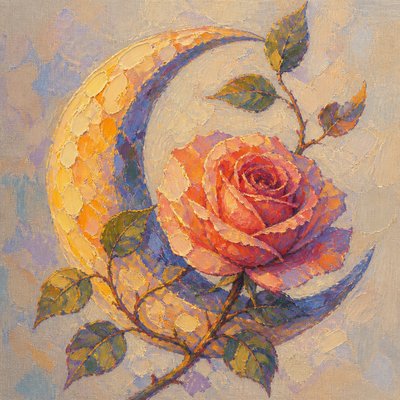 a rose entwined with a crescent moon, clean balanced composition on a plain background, no text