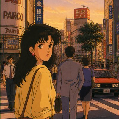 urban street with city activity — Vintage Retro Anime Art Style
