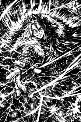 a black and white drawing of a man with a sword