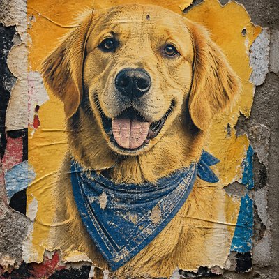 portrait of a golden retriever wearing a blue bandana, warm plain backdrop, no text